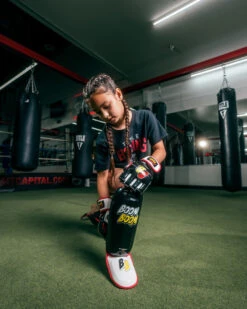BOOM BOOM Boxing Bomber Youth Shin Guards -Cheap Boxing Gear Store bbbsgy y bk 1